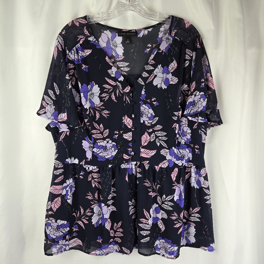 Lane Bryant Black Purple Pink Floral Peplum Flutter Sleeve Blouse Top Plus 18